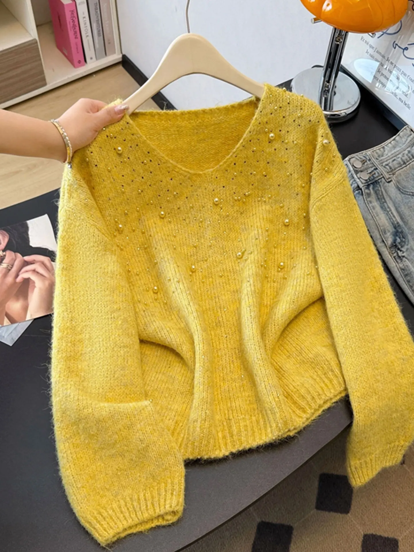 

Женский свитер Ele Yellow Long Sve V-Ne с V-образным вырезом, больших размеров, свободного кроя, стройнящий, повседневный, удобный, из мягкого материала