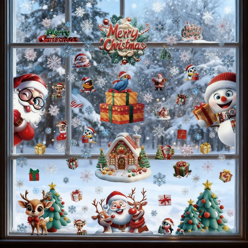 Cute Cartoon Santa Claus Snowman Snowflake Stickers for Bedroom Living Room Window Decor Winter Christmas Glass Static Decals
