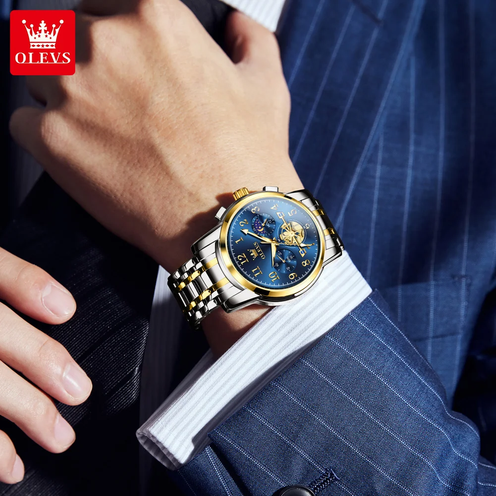 OLEVS 2900 Skeleton Flywheel Mens Watch Business Chronograph Luminous Moon Phase Quartz Wristwatch for Man Luxury