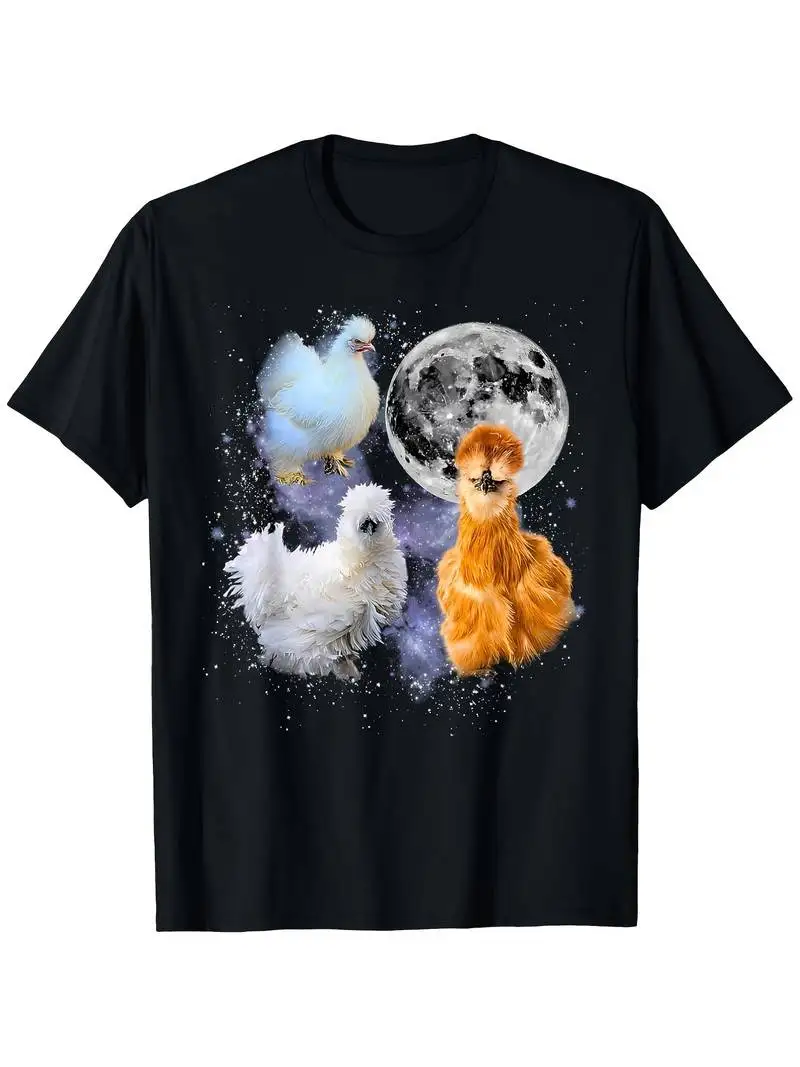 Vintage Three Silkie Chicken Howling At Moon T-Shirt Retro Farmhouse Loose Fit Unisex Shirt For Spring Easter Gifts Graduation