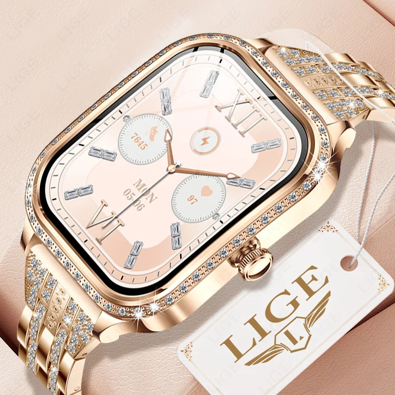 LIGE Fashion Women Smart Watch 1.75'' Screen Bluetooth Call Watches IP68 Waterproof Diamond Case Sport Fitness Smartwatch Ladies