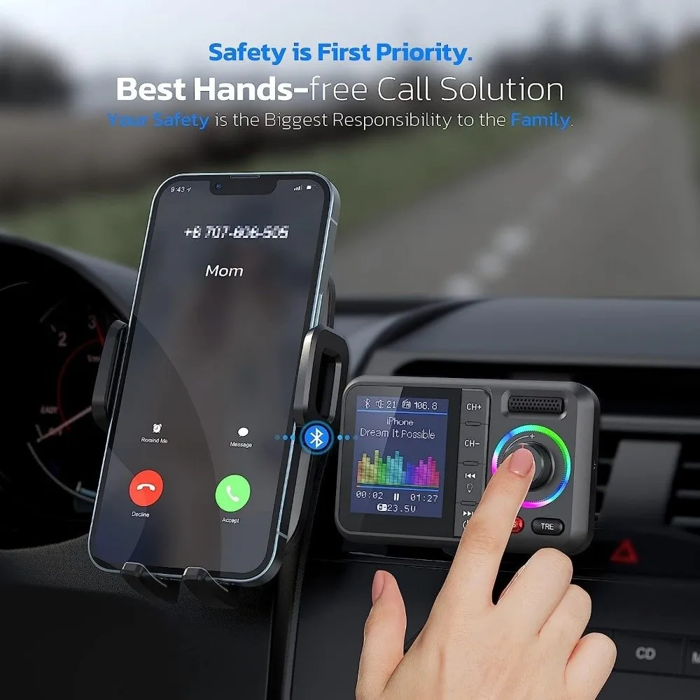 

Big Color Screen Wireless FM Transmitter 2.4A Output QC3.0 Technology Car AUX Adapter Wireless Connectivity Dual USB Ports