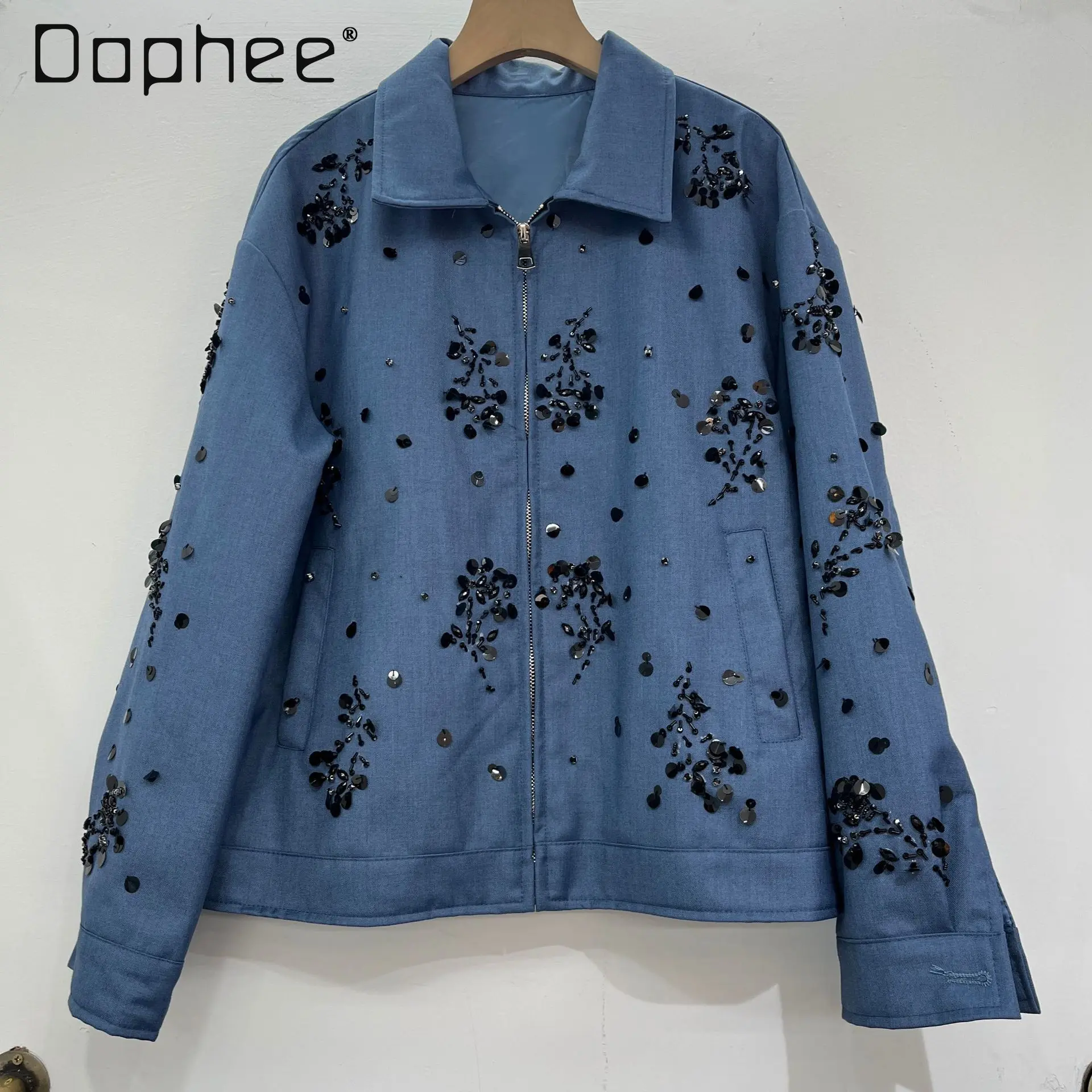 European Station 2026 Spring New Women's Fashion Casual Versatile Lapel Jacket Fashion Sequin Embroidery Loose Slimming Coat Top