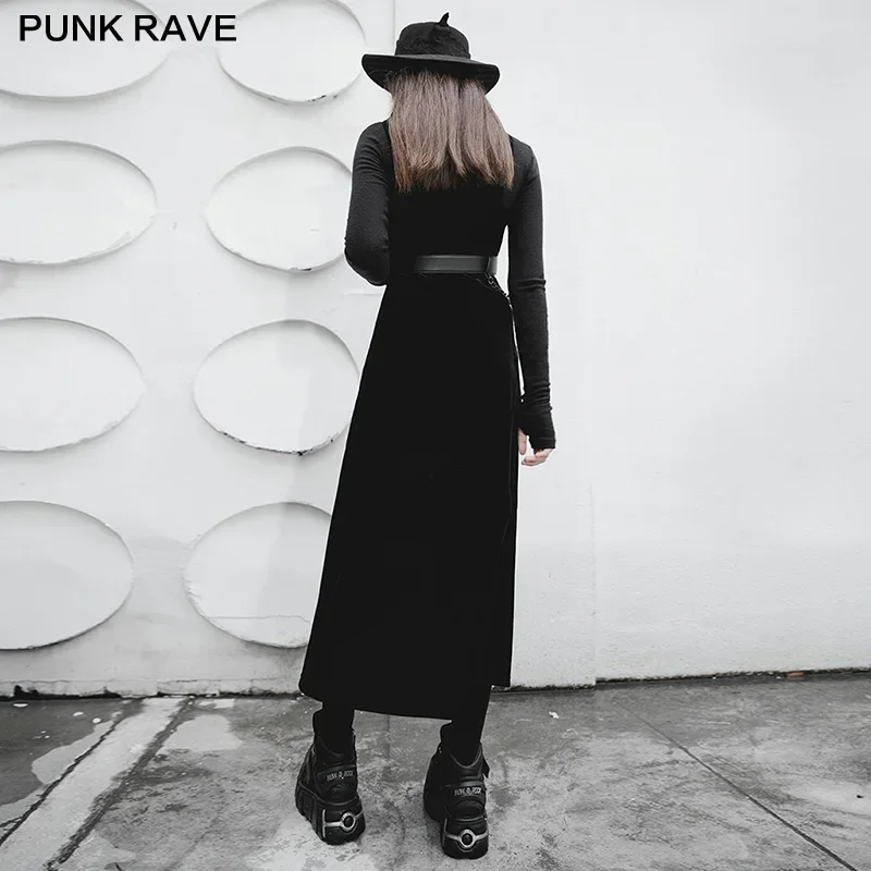 PUNK RAVE Women\'s Punk Metal Buttons Black Sling Casual Workwear Dress Street Style Velvet Suspender Double High-waisted