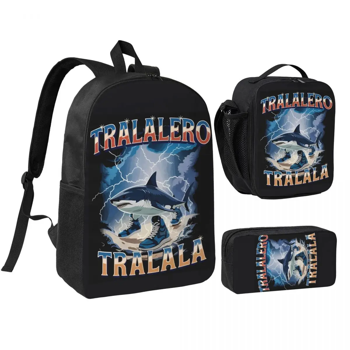 Tralalero Tralala 3pecs/set Backpack for Student Italian Brainrot Laptop Canvas Bags Lunch bag Pencil Case