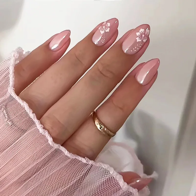 

24Pcs Gradient Pink Nails Set Press on Cute French Press on False Nails Flower Design Wearable Almond Full Cover Fake Nail Tips