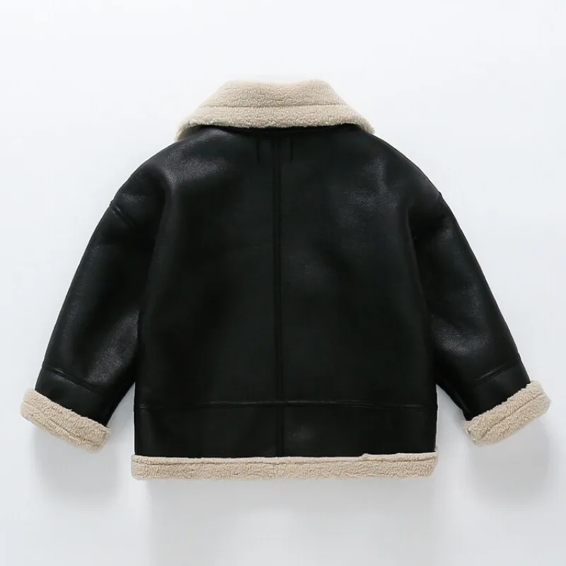 New Winter Boys and Girls' Cool Handsome Standing Neck Motorcycle Jacket with Thickened PU Leather Lamb Fleece Coat for Children