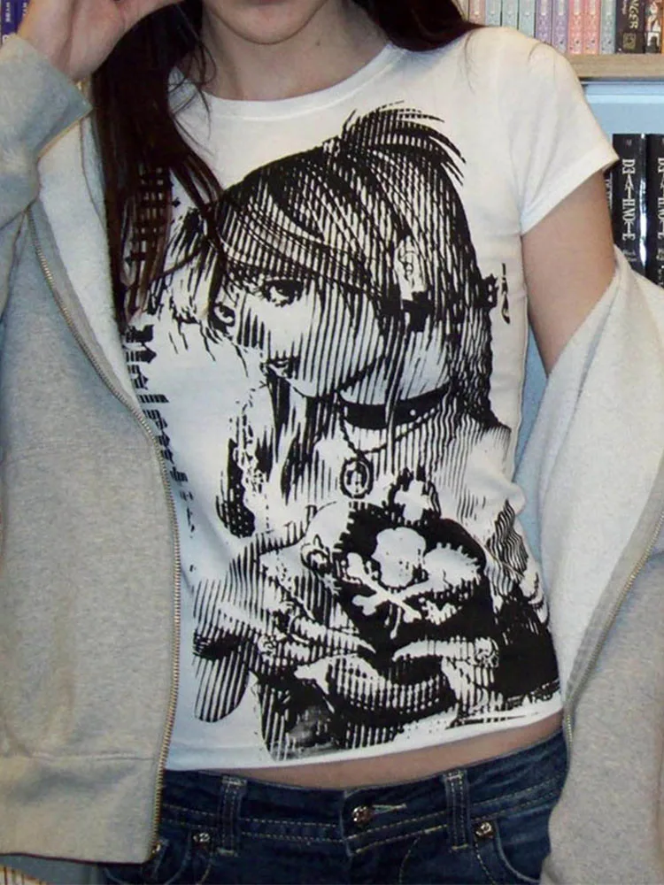 المرأة الجديدة Y2k أنيمي الشارع ارتداء س الرقبة 90s النص قميص مطبوع Harajuku ملابس نسائية بسيطة الرجعية Umbilized تي شيرت الجمالية ايمو
