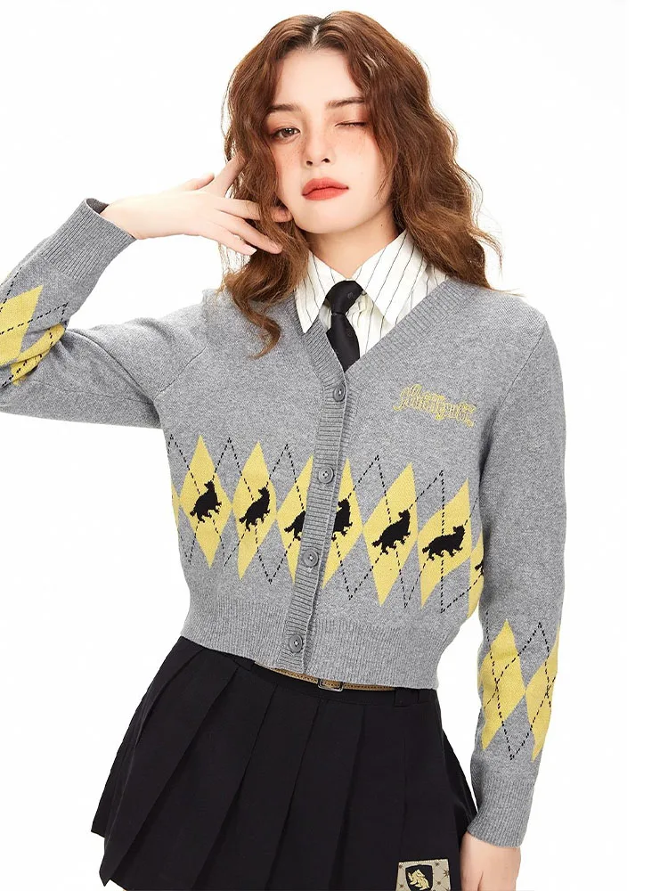 British Preppy Style Sweaters Women Animal Print Argyle Knitted Cardigans Female Vintage Chic Single Breasted Lady Sweater Coat