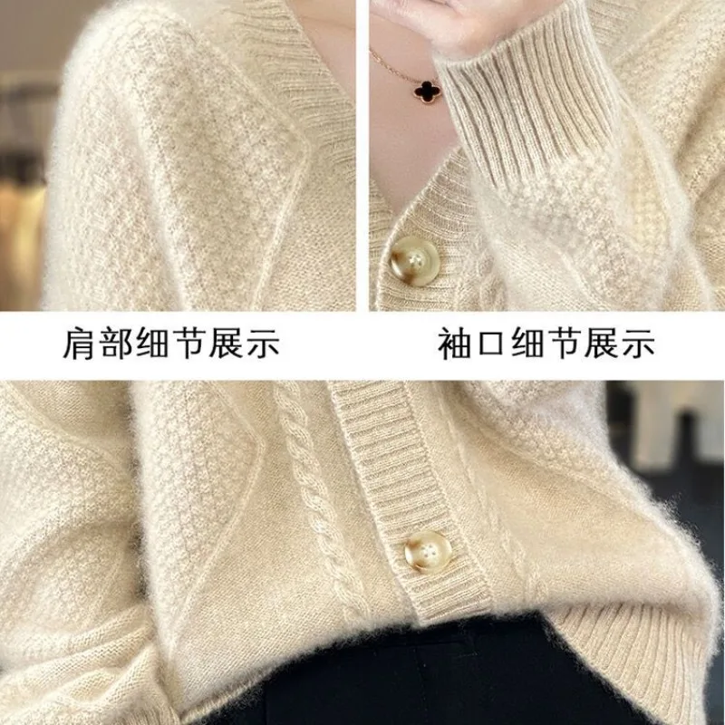 2023 Autumn and Winter Women\'s Solid V-Neck Loose Long Sleeve Single Breasted Knitted Cardigan Fashion Casual Commuter Tops