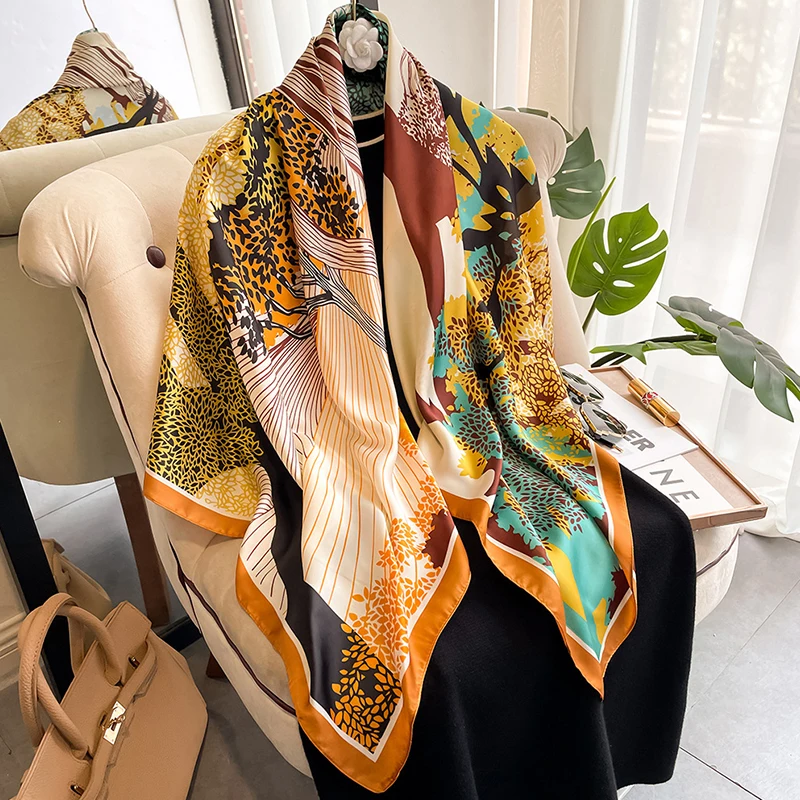 

New Fashion Design Spring Autumn Floral Printed 110cm Square Imitated Silk Travel Shawl Scarf Ladies Hijab