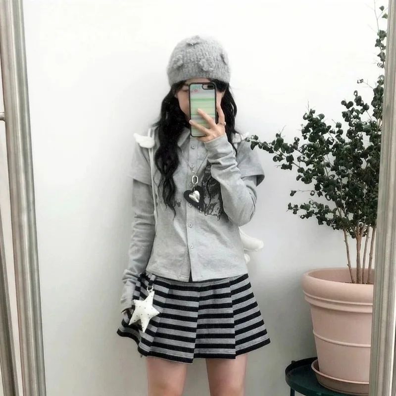 Kimotimo Y2k Vintage Rabbit Print Long Sleeve Tops Women Autumn Patchwork Slim Single Breasted T-shirt Harajuku Casual Tees Ins - view 4
