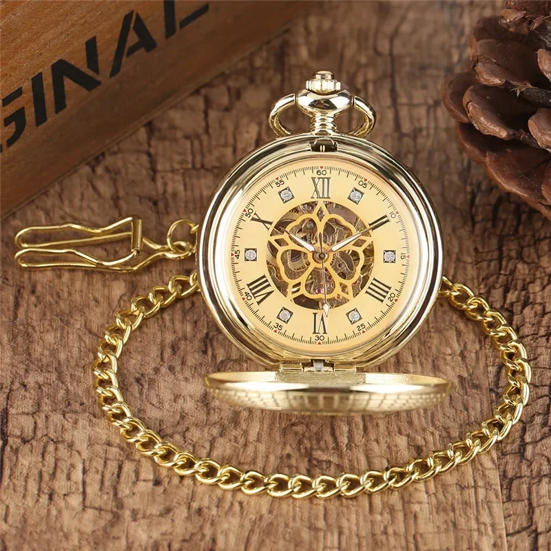 Vintage Unisex Mechanical Hand Winding Pocket Watch Carved Star Skeleton Clock for Men Women Pendant Chain Gift