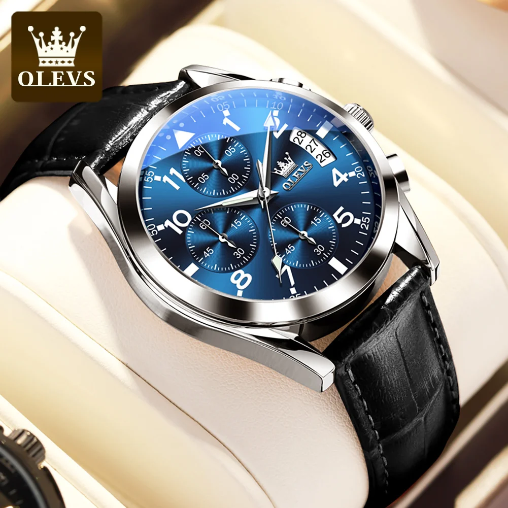 OLEVS2878 Pilot Watch for Men Auto Date Waterproof Luminous Chronograph Wristwatch Luxury TOP Leather Stap Original Quartz Watch