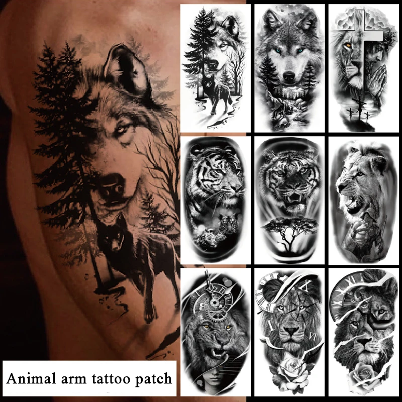 Full Arm Temporary Tattoo Sticker Forest Lion Tiger Tatto Stickers Women Men Wolf  Body Art Arm Neck Fake Tatto Waterproof