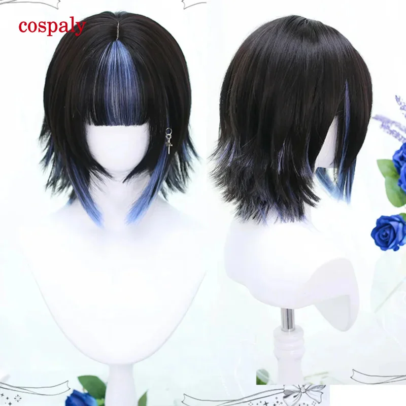 HOUYAN Short Hair Blue Highlights Black Female Bangs Lolita Cosplay Wig Heat Resistant Synthetic Hair Wig