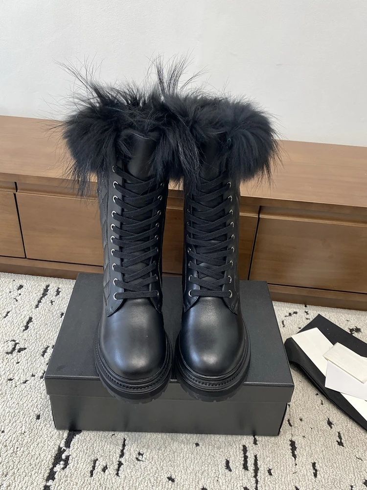

Spenneooy, осенне-зимние новые стильные ботинки, сапоги до середины икры на толстой подошве, женские модные черные ботинки средней длины из меха норки с круглой головкой