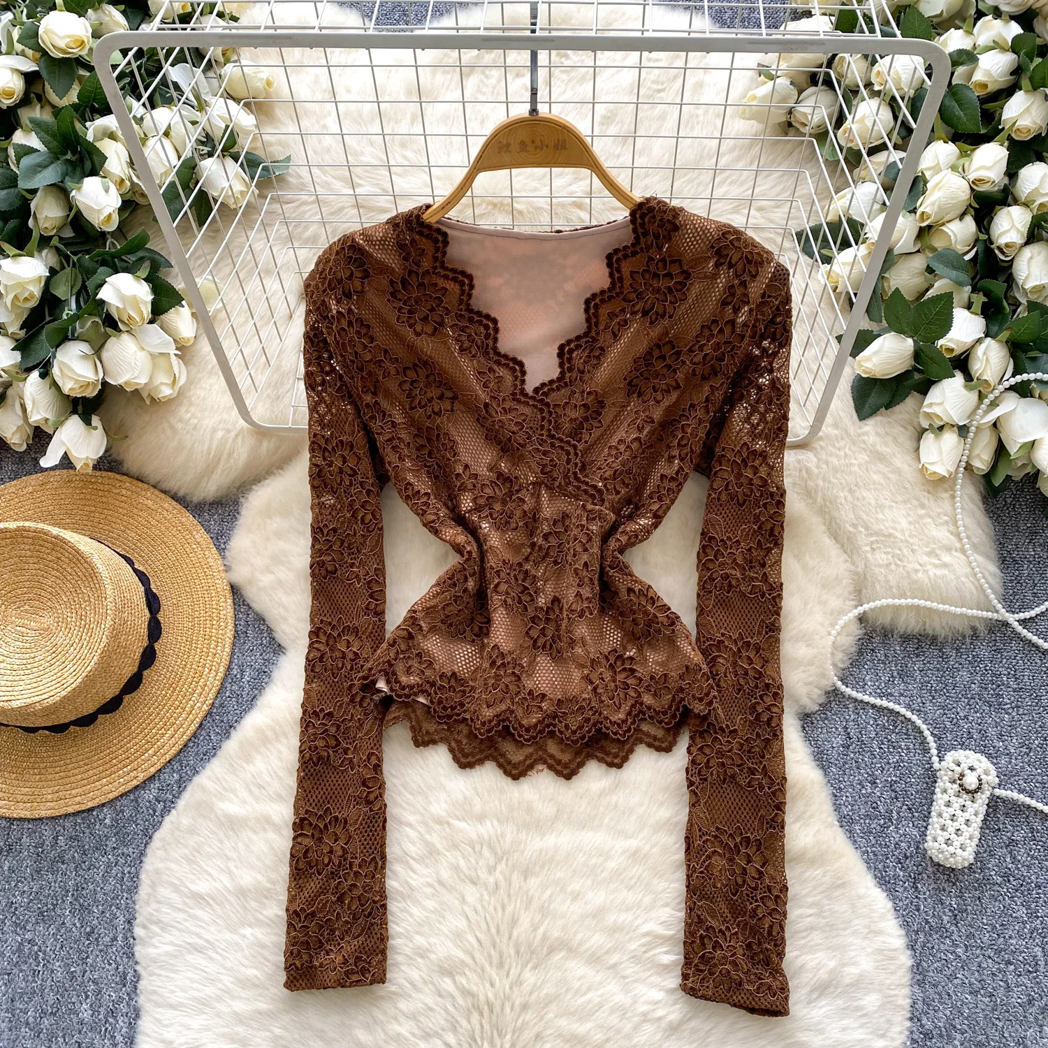 

Элегантный базовый винтажный топ с v-образным вырезом и длинными рукавами, повседневная офисная женская уличная осенняя женская блузка