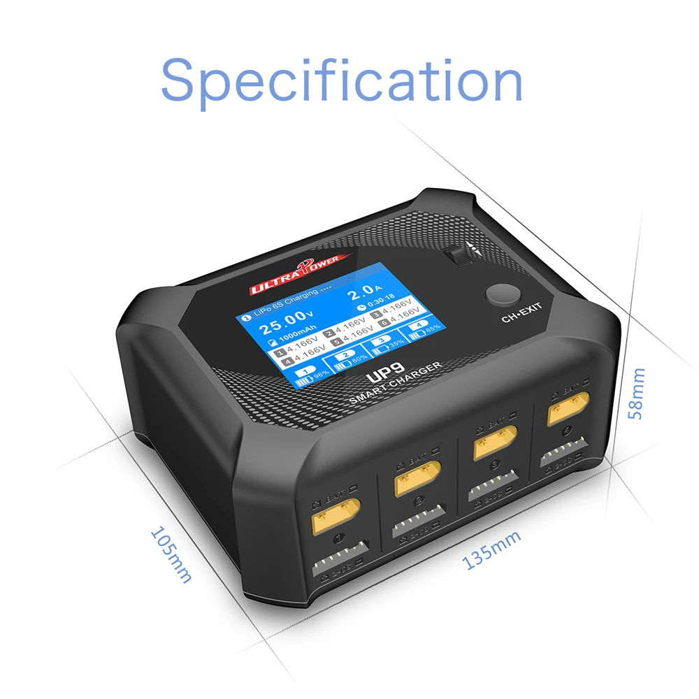 UltraPower UP9 4 kanalen slimme balanslader AC 100W DC 200W 320×240 IPS LCD voor 1-6S LiPo/LiHV/LiIon/LiFe batterij RC-model