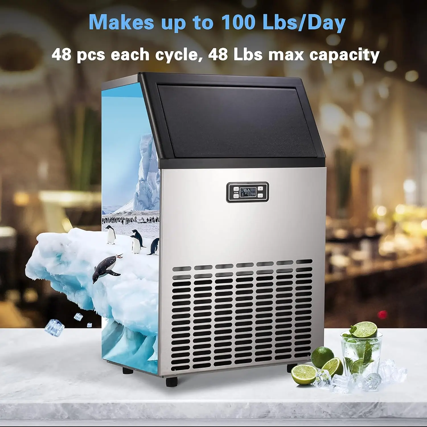 Ice Maker Commercial Ice Machine 100Lbs/Day Stainless Steel Ice Machine with 48 Lbs Capacity Ideal for Restaurant Bars Home