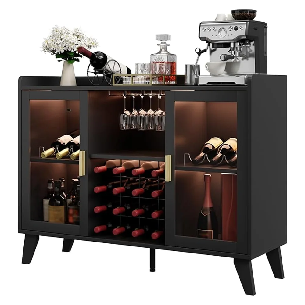 

Wine Bar Cabinet with LED Light Coffee Bar Cabinet with Power Outlet Kitchen Buffet Sideboard for Home Dining Living Room