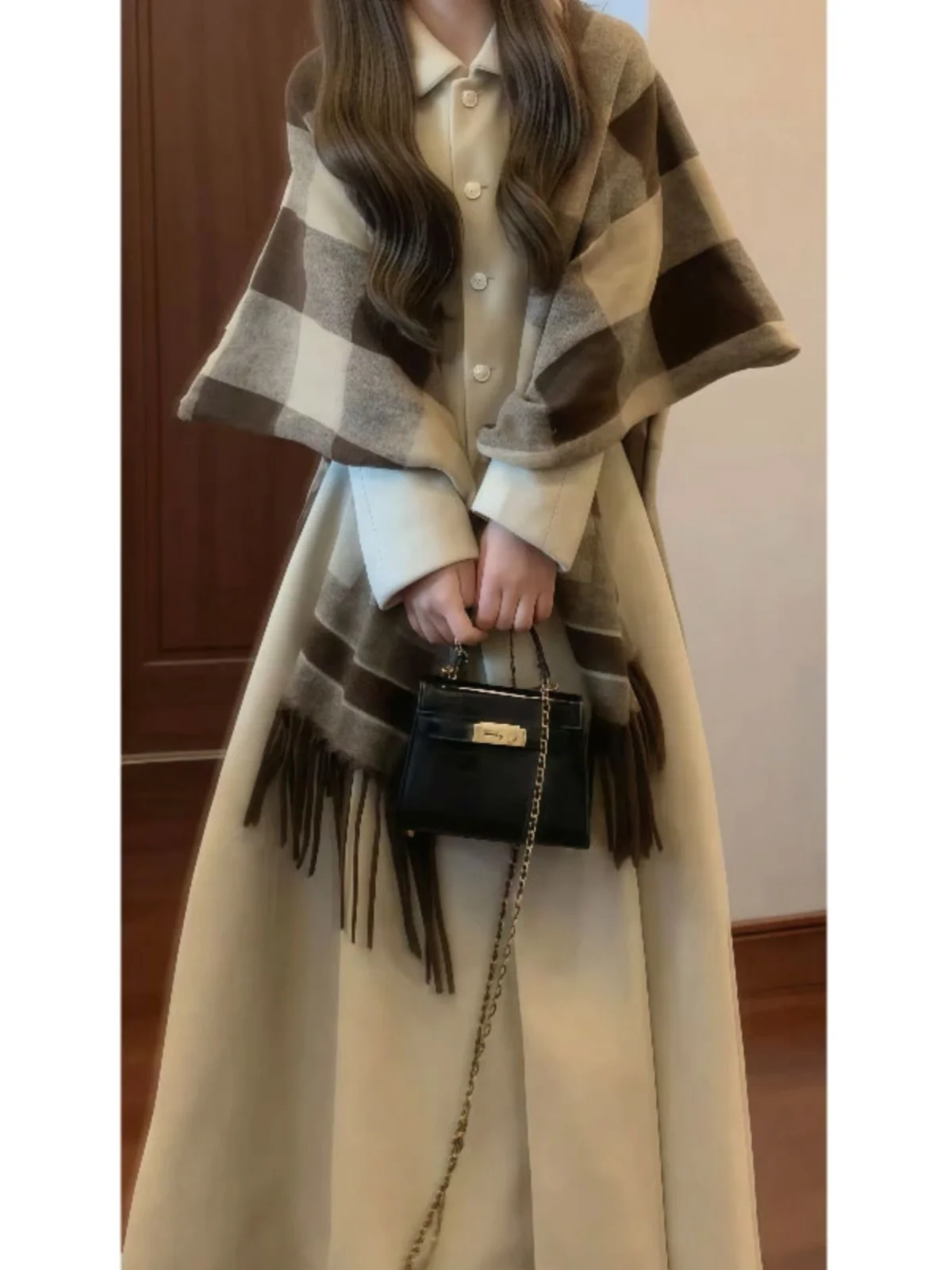 

Korean Style Fashionable Two-Piece Set Woolen Coat And Shawl Vintage High-End Feel Spring Clothing Full Set Ensemble