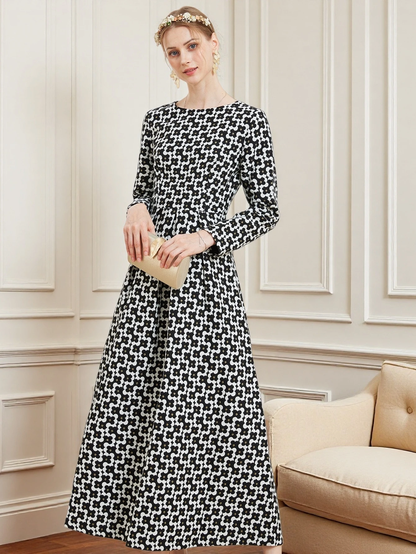 DEVCHATA Luxury Women Vintage Gold Thread Jacquard  Long Sleeve Dress Fashion Spring Autumn Floral Ladies Party dresses Clothing