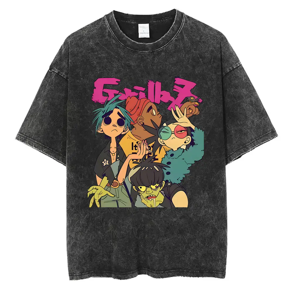 Washed Vintage British Alternative Rock Band Gorillaz Demon Days Album Graphic T-shirt Men Women Cotton Casual Oversized T Shirt