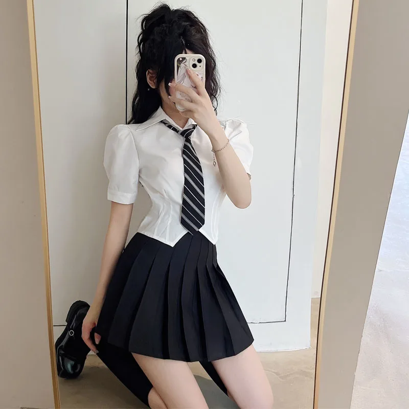 Estate New Sle College Wind Bubble Sve Vita stretta Bianco ort Sve irt Gonna a pieghe da donna Anti invecchiamento Due...