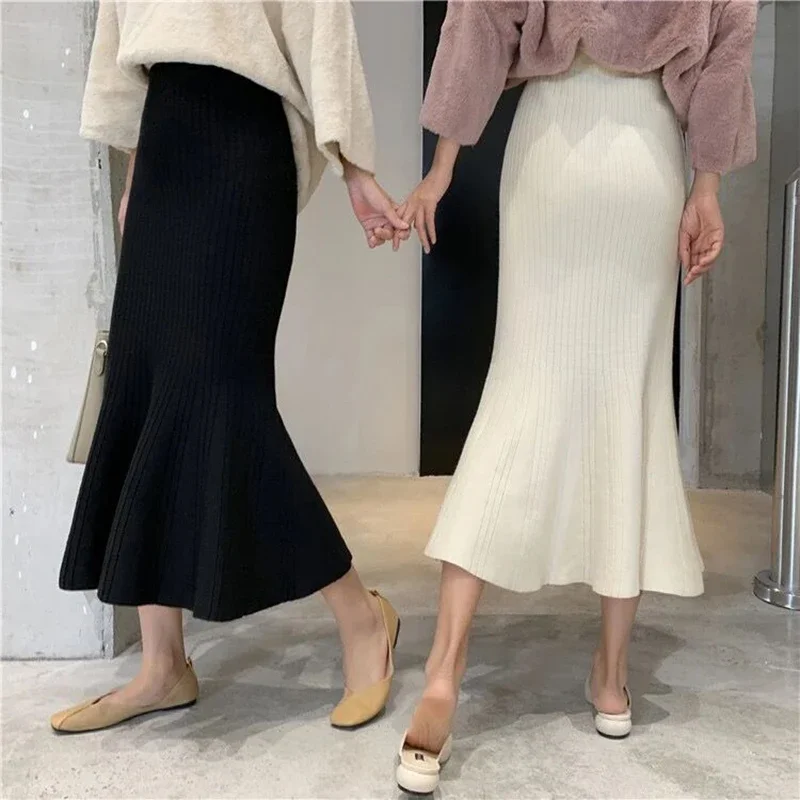 

Autumn Winter Women's Chic Ruffled Slim High-Waisted Mermaid Skirt All-Match Solid Color Wrapped Hip Knitted Flared Skirt Z528