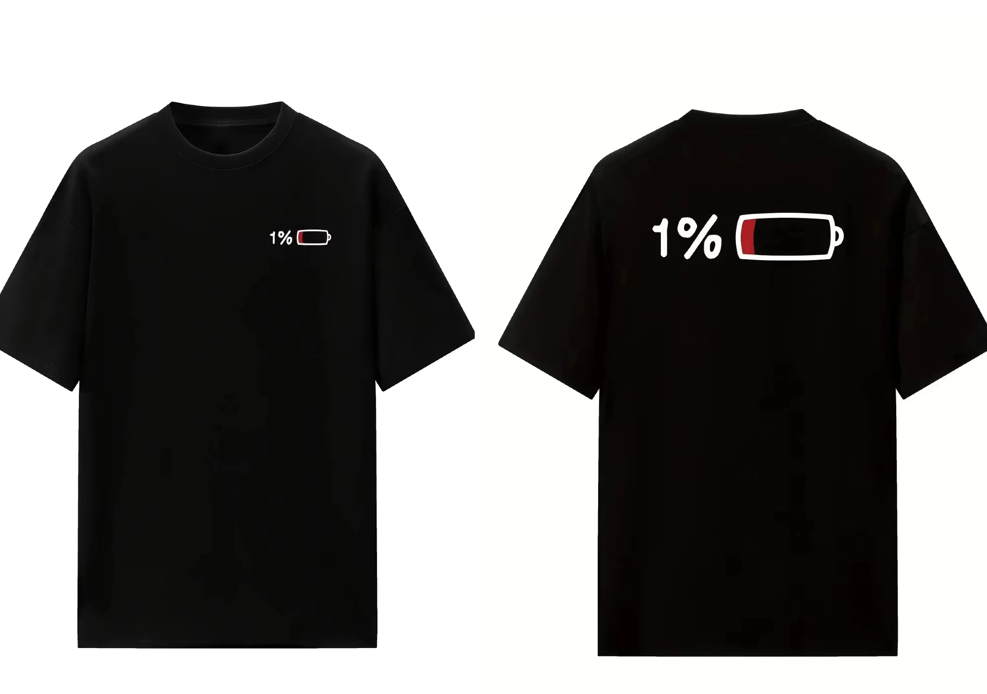 2026 Summer Men's and Women's Casual Elegant Loose T-Shirt with 1% Battery Pattern Print - Black Round Neck Short Sleeve