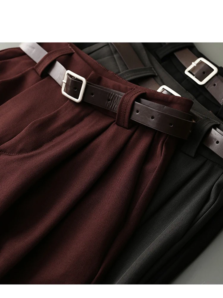 Trajes informales color burdeos, pantalones para mujer, pantalones elegantes de cintura alta y pierna ancha a la moda con bolsillos, negro y gris