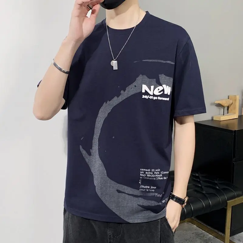 

Solid Color T-Shirts Round Neck Pullovers Loose Short Sleeve Simplicity Men's Clothing Handsome Printing Fashion Casual Summer
