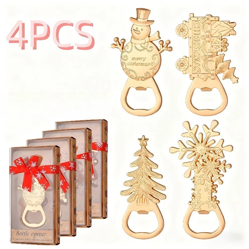 

4pcs Christmas Bottle Opener Set with Tree Snowman Snowflake Gift Box Reusable Metal Bottle Openers for Xmas Gifts Party Favors