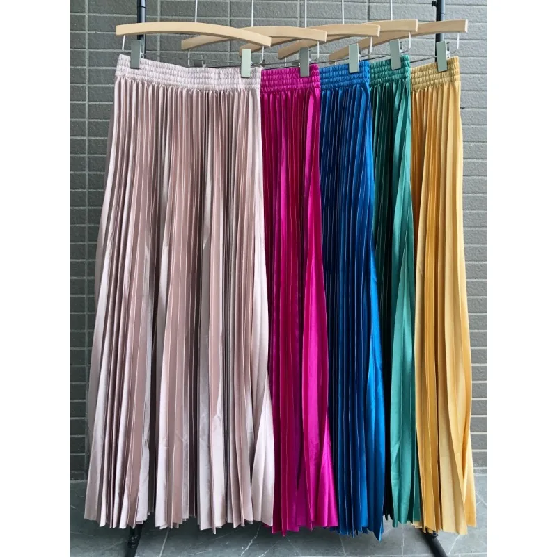 Autumn New Metallic Long Skirts for Women High Waist Solid Color Pearlescent Satin Pleated Skirts Satin Lite A- Line Long Skirt