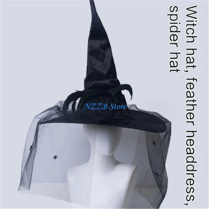 

T21F Crumpled Witch Hat Adjustable Size Witch Hat Role Playing Event Hat Spiders For Halloween Spooky Party Costume Accessory
