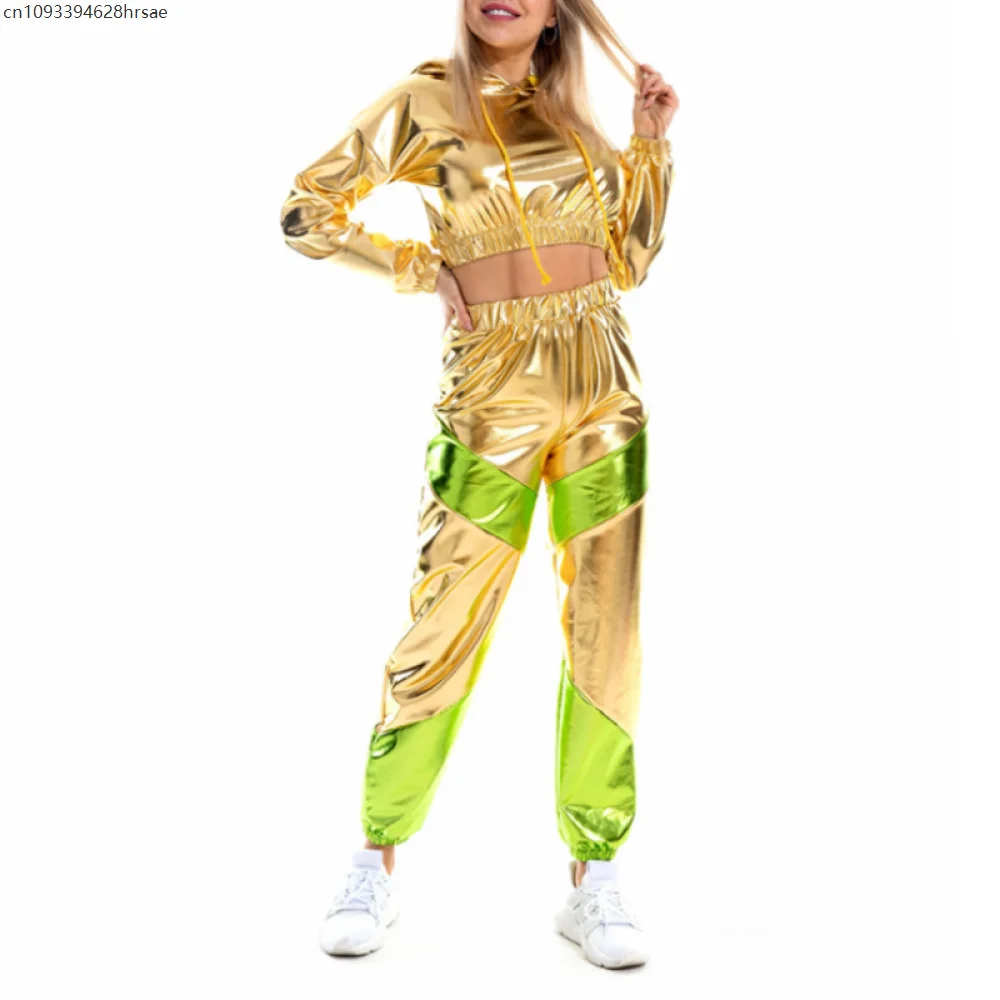 

70S 80S Cropped Holographic Hoodies Women Shiny PU Metallic Hoody Short Sweatshirt Pant Tracksuit Streetwear Halloween Costumes