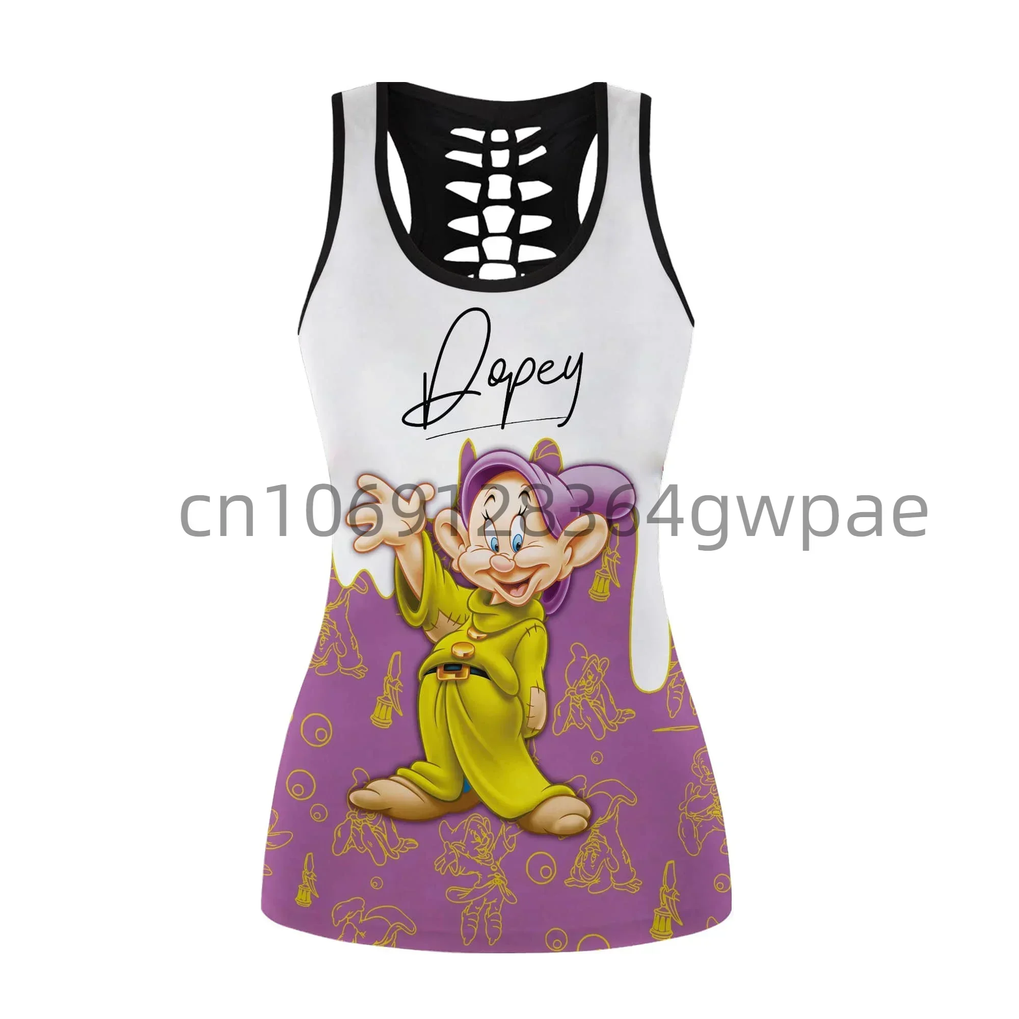 Disney Anão Recorte Regata e Leggings Set, Yoga Fitness treino, regata oca, verão