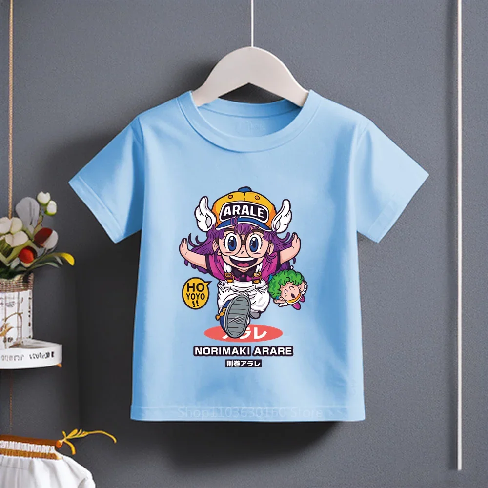 Summer 2024 New Arale Comic Cartoon Print T-shirt Boys Girls Cotton Casual Stylish Short Sleeve Kids Wear