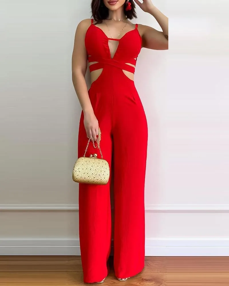 Summer Women Sexy Cutout Shirred Open Back Spaghetti Strap Straight Leg Pants Jumpsuit