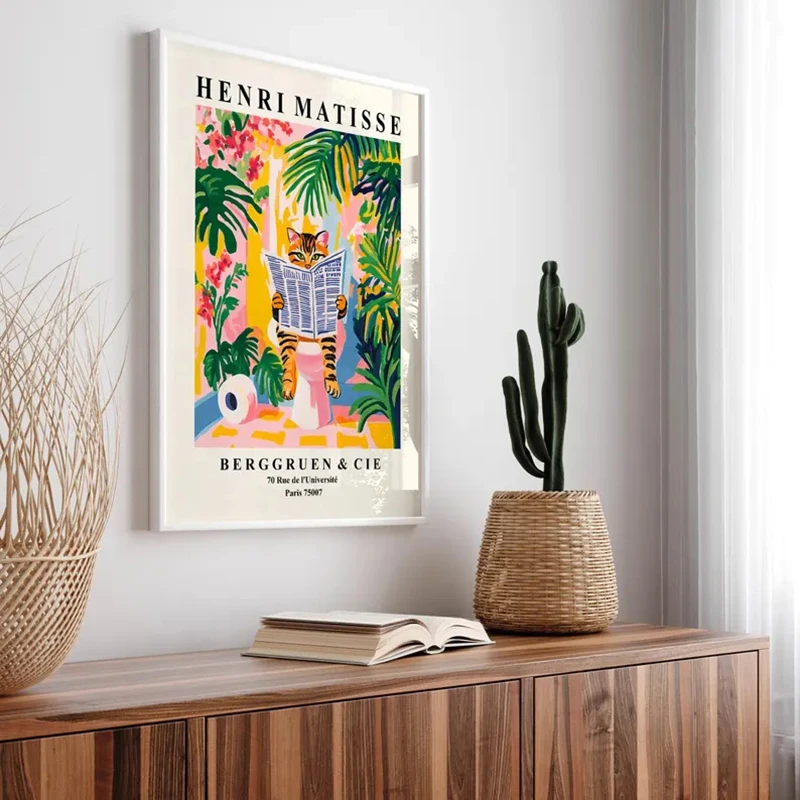 Tabby Cat on A Toilet Poster Funny Bathroom Wall Art Matisse Print Mid Century Modern Canvas Painting Pink Dopamine Home Decor