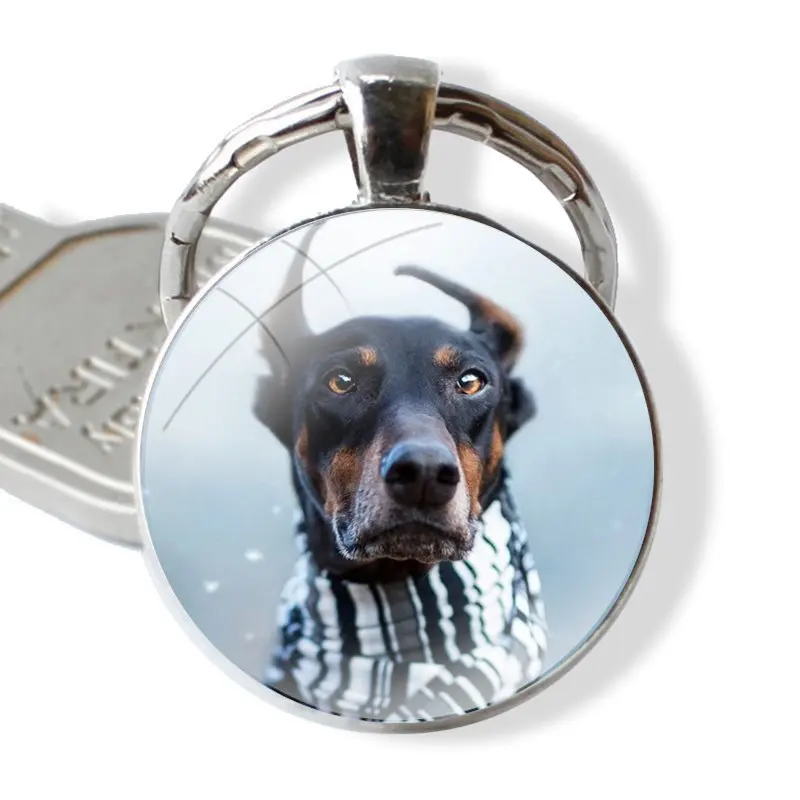 Keychain Handmade Glass Cabochon Key Ring Holder Pendant Key Chains Fashion Creative Design Cartoon Doberman Bulldog Dog