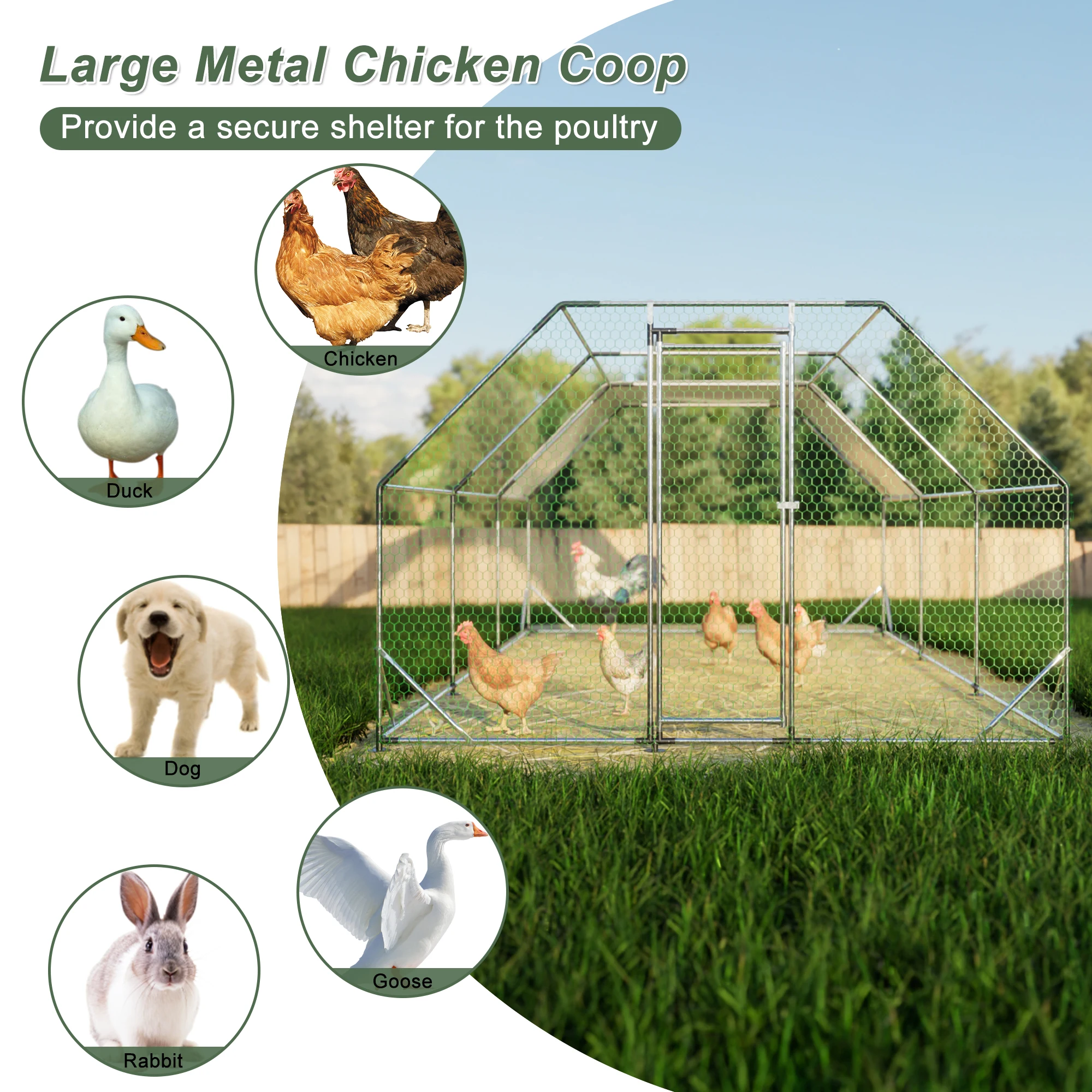 10x20 Ft. Large Chicken Coop Cage, Galvanized Metal Farm Poultry Run Hutch With Waterproof Anti-UV Cover, Lockable Hen House