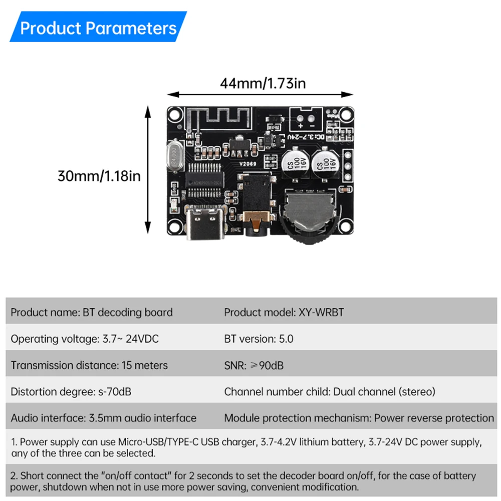 XY-WRBT Bluetooth-compatible 5.0 Stereo Audio Decoding Board Type-C Micro USB 3.5mm Audio Interface Volume Adjustable DC3.7-24V