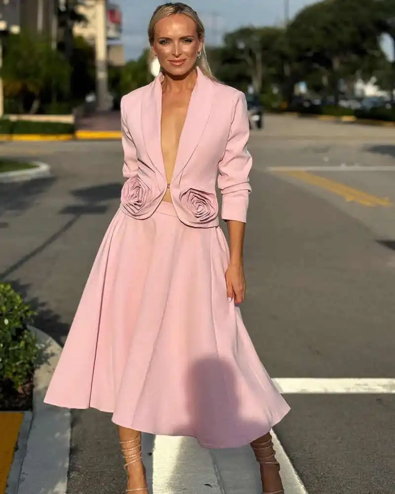 2 Pieces Pink Women Dress Suits Big Flowers Graduation Ceremony Attire Birthday Party Evening Wear Customized