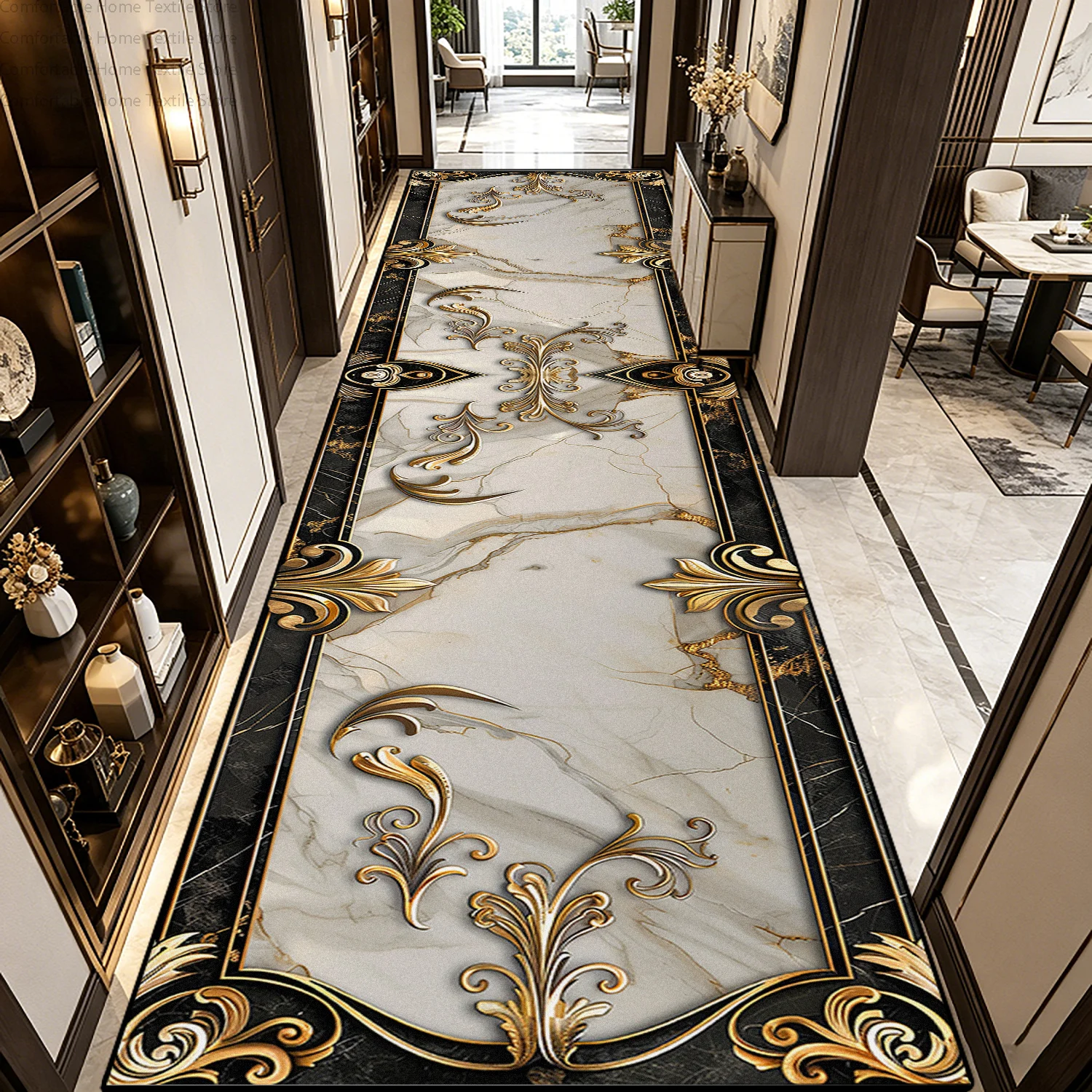 Modern Gold Light Luxury Style Long Runner Carpet Washable Lint-free Long Corridor Rug Decoration Home Non-slip Soft Floor Mats