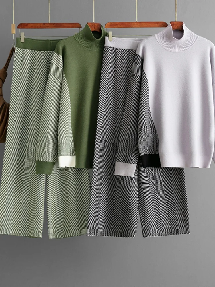 Women's new fashionable contrasting color semi high neck loose knit top wide leg pants two-piece set