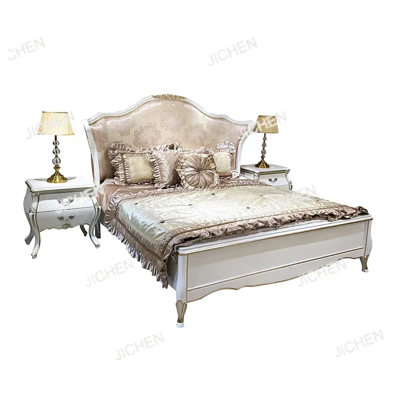 

JCX HS French Bed Set 1.8 Meters, European Fabric Double Bed Palace Neoclassical Solid Wood Carving Flower Princess Bed Bedroom
