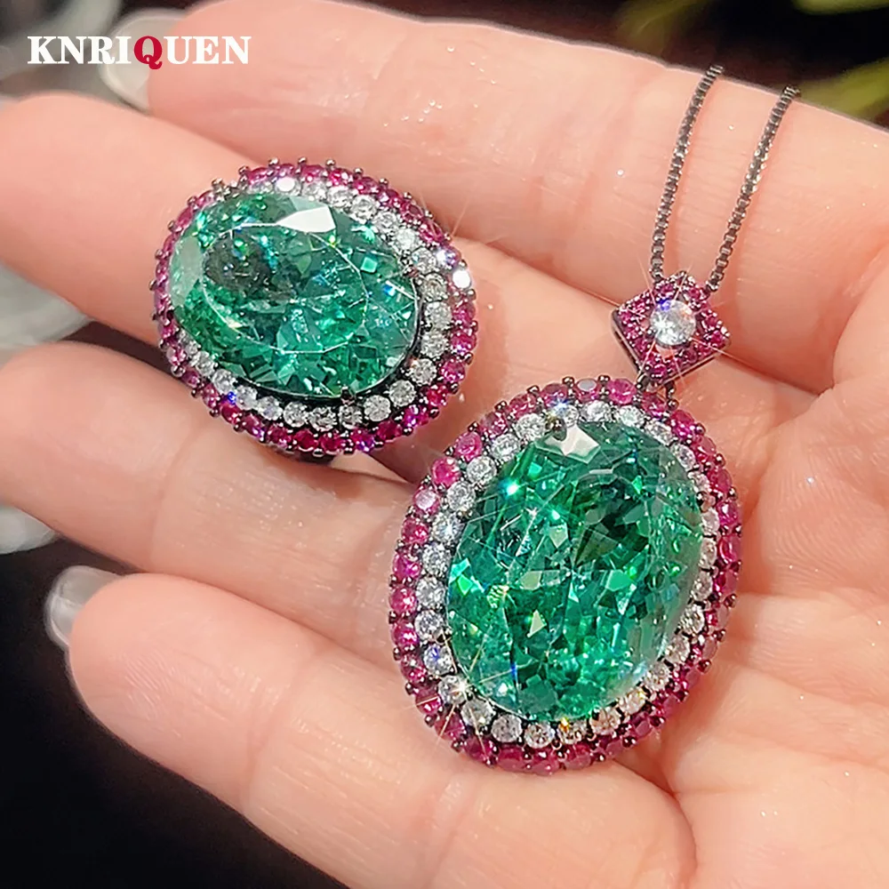

Vintage Set for Women Green Tourmaline Ring Pendant Necklace Gemstone Cocktail Party Fine Jewelry Sets Female Anniversary Gift