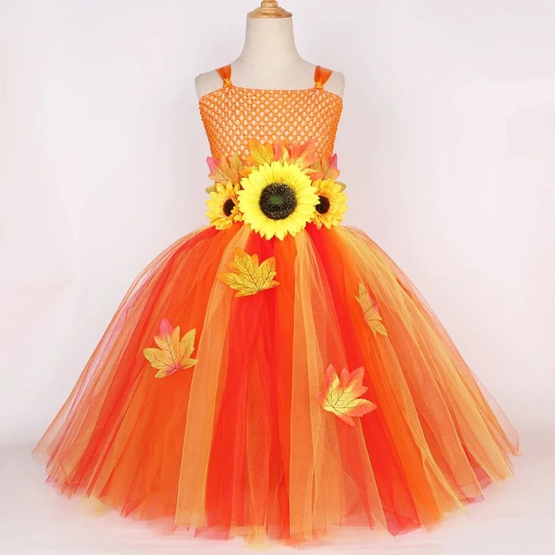 Maple Leaf Sunflower Autumn Fairy Long Dress for Girls Fall Thanksgiving Halloween Costumes Kids Holiday Party Outfits Ball Gown